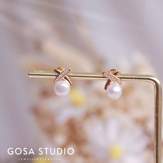 GE008 S925純銀 珍珠交叉耳環