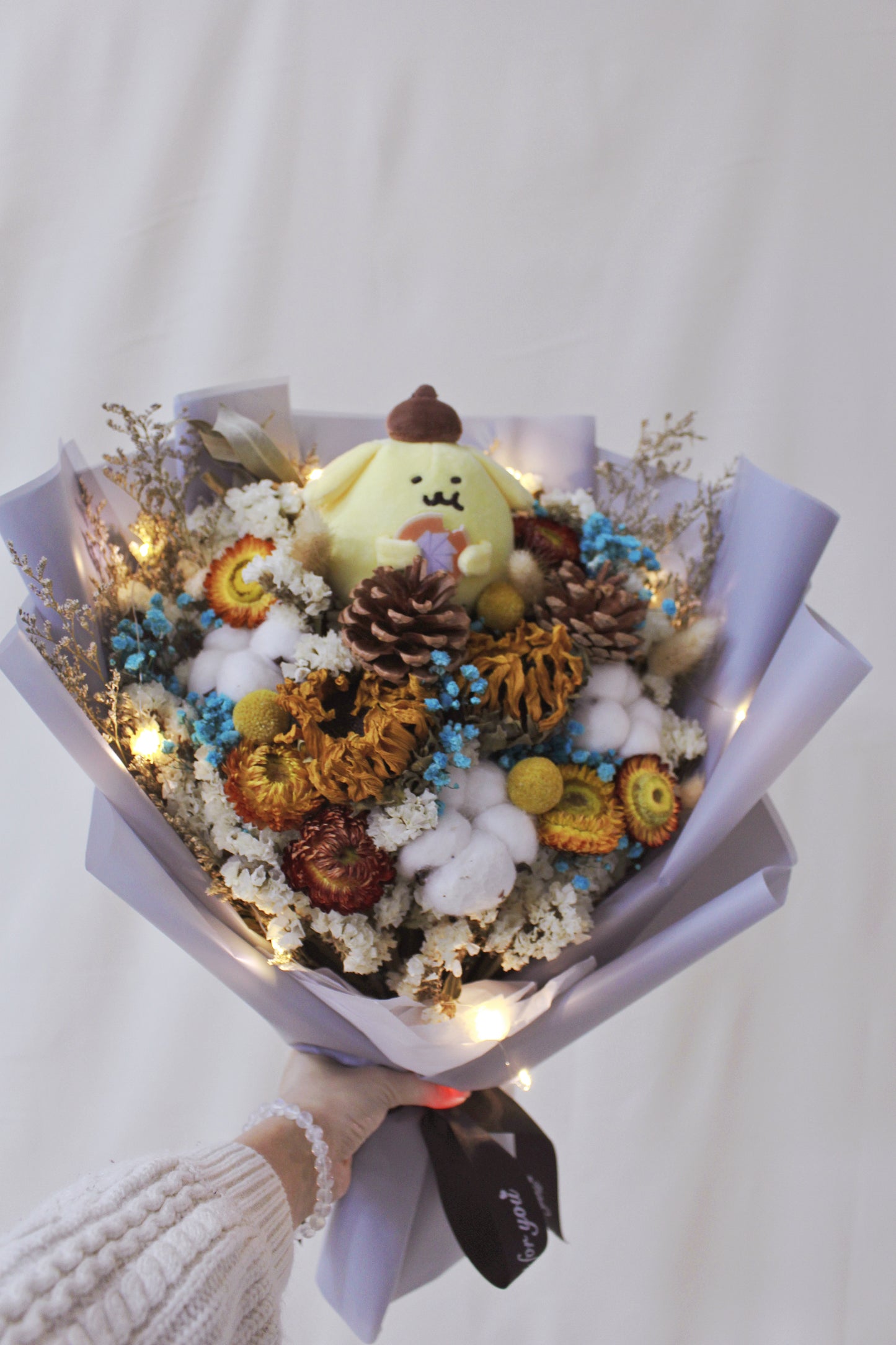 保鮮乾花系列－布甸狗向日葵紫色手抱50cm大花束