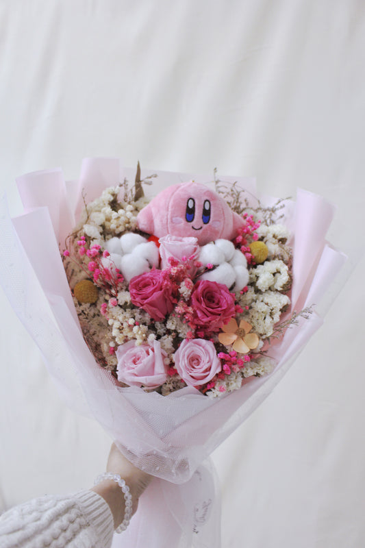 保鮮乾花系列-星之卡比粉紅玫瑰手抱50cm大花束