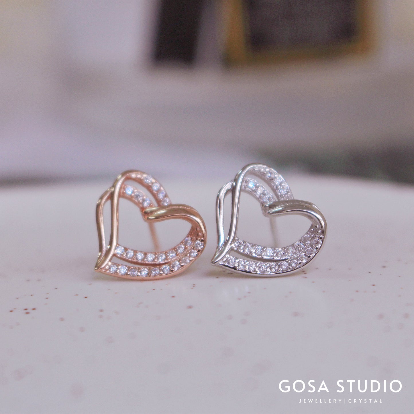 GE013 925純銀18K金 雙心耳環